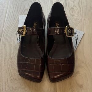 Chloe Rich Brown Croc-Embossed Flats with Gold Buckle